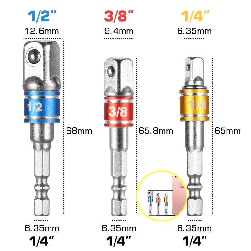 Fruholt 3-Piece Socket Adapter Extension Set, 1/4, 3/8, 1/2 Inch Hex Shank, Impact Grade, Power Drill to Socket Converter - Image 4